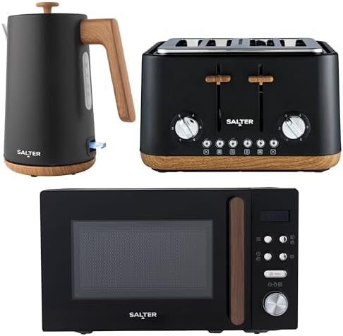Alt Text for image 1: Salter Toronto kettle, toaster, and microwave set in black with wooden accents