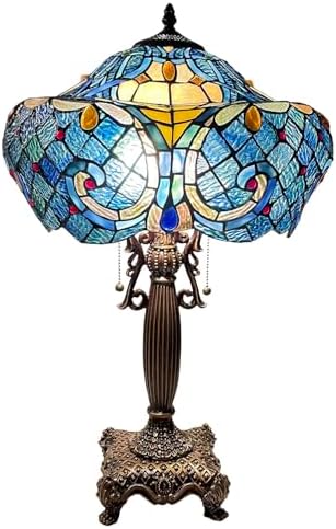 Alt Text for image 1: Bieye Baroque Tiffany Style Stained Glass Table Lamp with vibrant blue lampshade
