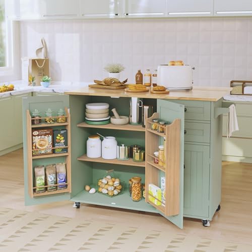 Alt Text for image 1: HOLTICO Kitchen Island with Extendable Rubberwood Worktop