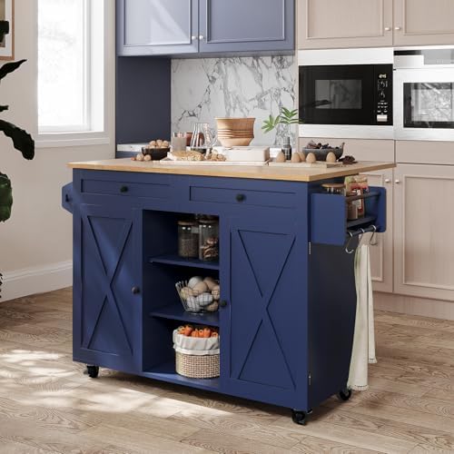 Alt Text for image 1: HOLTICO kitchen island with drop-leaf countertop extended