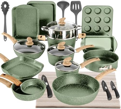 Alt Text for image 1: A complete 30-piece non-stick cookware set in green.