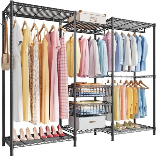 Alt Text for image 1: Heavy-duty black clothes rail with hanging rods and shelves